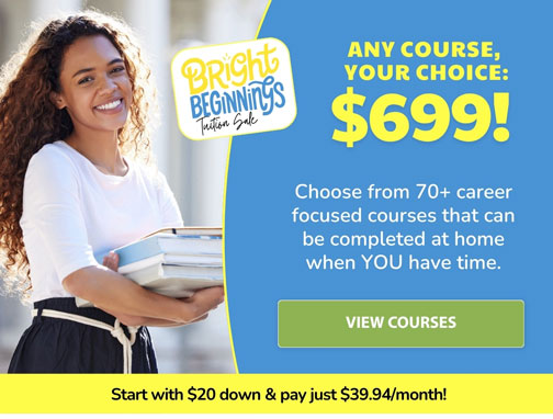 Woman holding books and a View Courses button.