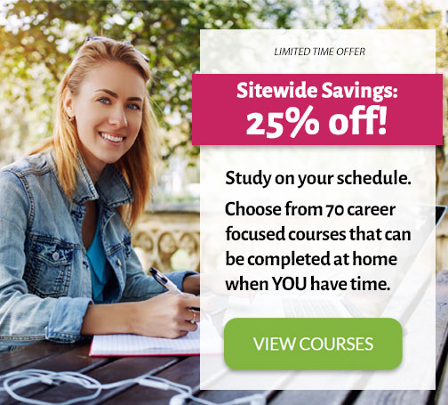 Woman at a laptop. View Courses button.
