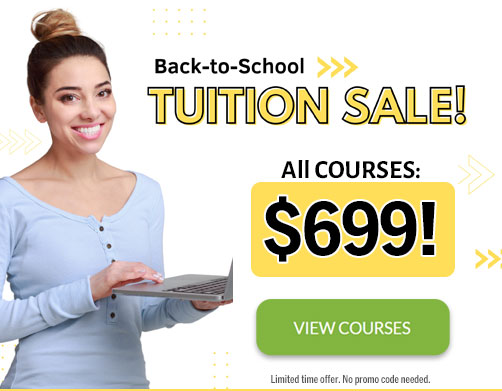 Woman at a laptop. All courses: $699. Back to school tuition sale. View Courses button.