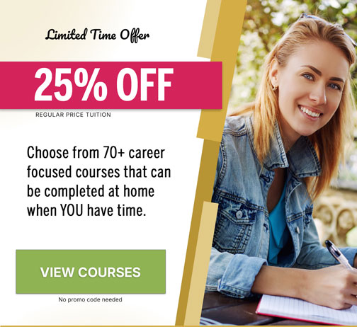 Woman sitting outside at a computer and a View Courses button.