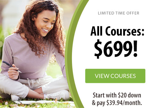 Woman studying outside and a View Courses button.
