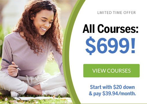 Woman studying outside and a View Courses button.
