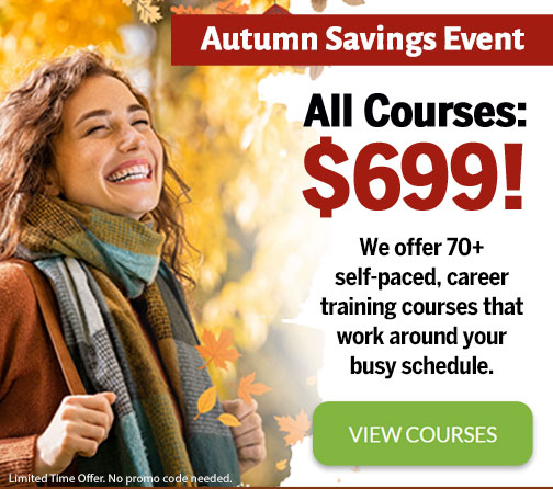 Woman at a laptop. View Courses button.