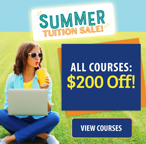 Woman studying outside and a View Courses button.